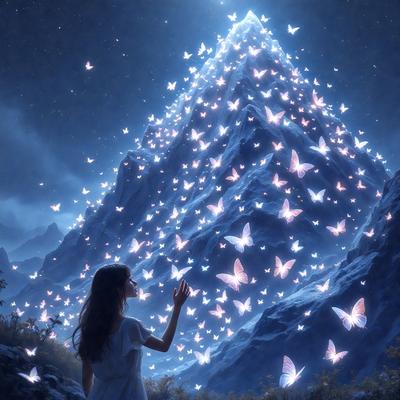The primary subject of the image is a woman standing in front of a large mountain. The mountain is covered in a multitude of butterflies, creating a vibrant and lively scene. The setting is a nighttime landscape, with the woman and the mountain being the main focus of the image. The visual style is a digital art or illustration, with the butterflies and the woman being the main elements of the composition. The colors and mood of the image are predominantly warm and bright, with the but